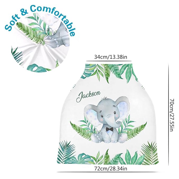 Personalized Baby Car Seat Covers with Name, Custom Nursing Cover Breastfeeding for Babies, Carseat Canopy for Boys, Infant Stroller Cover for Winter, Breathable Carseats Cover (Elephant Green Leaf)