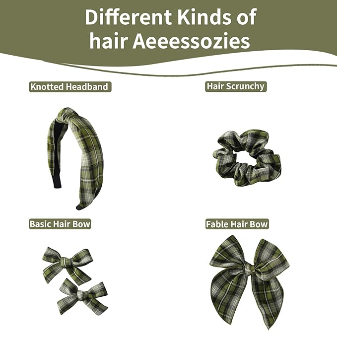 5 Pcs Striped Headband Set with Hair Knotted Scrunchies Bow, Padded Headbands for Women, Christmas Hair Bows & Clips Accessories for Girls (Green-A)