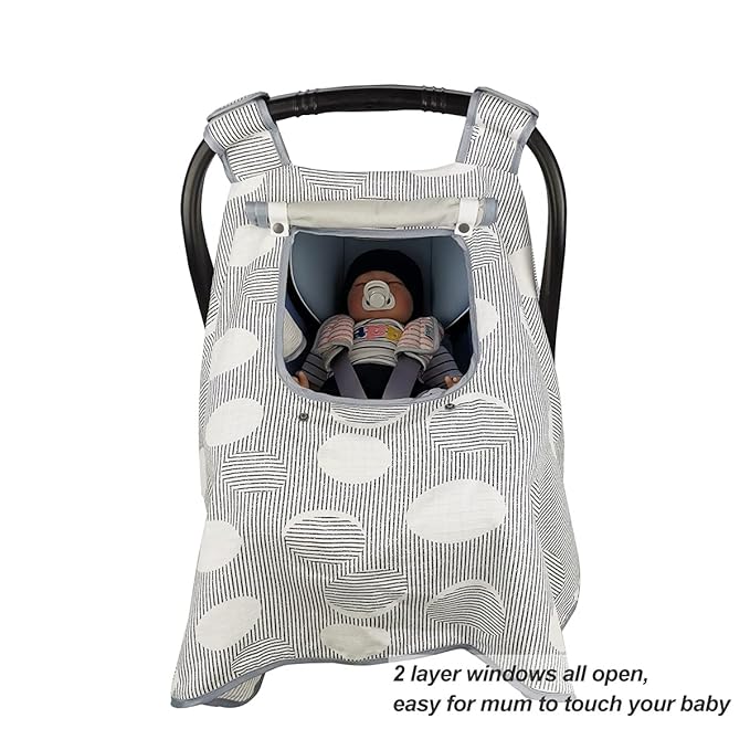 ICOPUCA Car seat Covers for Babies, Muslin carseat Cover Girls/boy, carseat Canopy Light Weight, Breathable, Kick Proof, fit Summer/Autumn/Spring, Black Strip Polka;