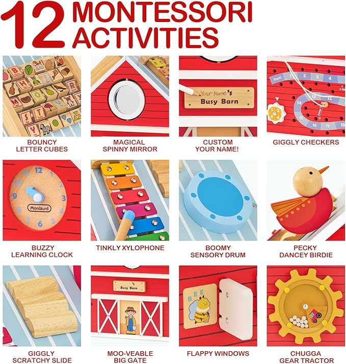 Monläurd® Wooden Activity Cube for Toddlers 1-3, Farm Barn Montessori Busy Board Toy, 12-in-1 Sensory Activity Center for Baby Fine Motor Skills, Large Educational Learning Toy for Boys Girls