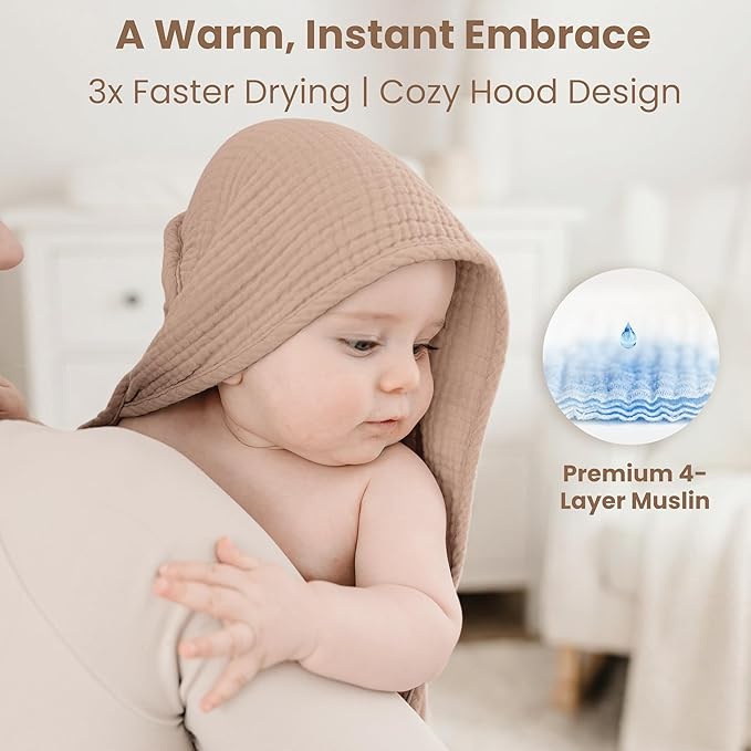 Konssy 2-Pack Muslin Hooded Baby Towels, 100% Cotton, Ultra-Soft & Absorbent Baby Bath Towels with Hood for Newborn & Infant (Cream, Camel,32" x 32")