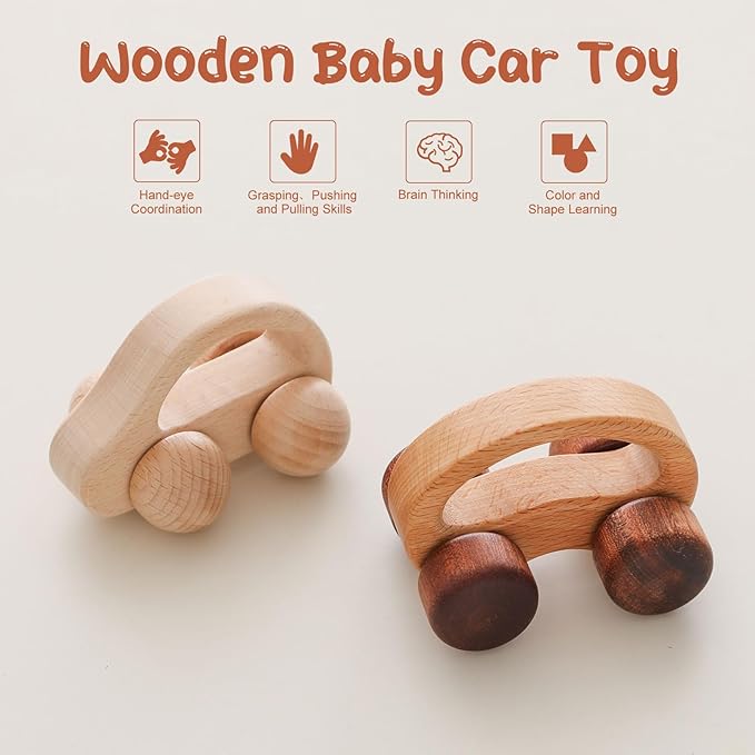 Wooden Baby Car Toys,Wood Push Car for Toddler Montessori Baby Grip Toy Car,Gifts for Boys and Girls,Push and Pull Toy Car 2 Pieces