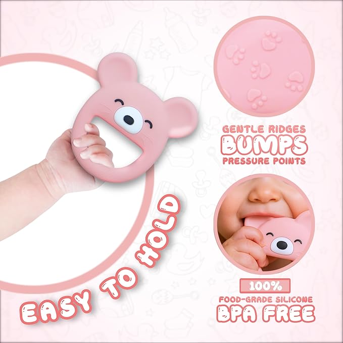Baby Teether, Safe Chew Toy for Infants, Soothing Relief for Teething Pain, Cute Animal Shape, Easy Grip for Tiny Hands (Pink Mouse)