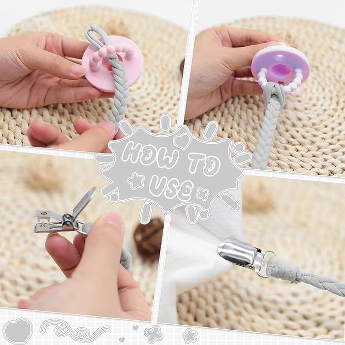 4 Pcs Pacifier Clip, Pacifier Clips for Boys & Baby Girls Pacifier Holder Clip Binky Clips Braided 100% Handmade Fits All Pacifiers(Grey, 4 Pack)