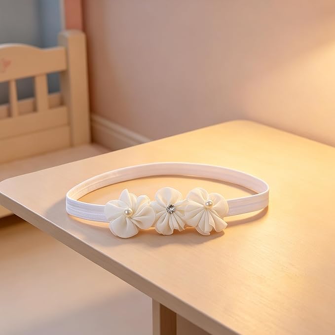 Baby Girls Hairband White Bow Lace Headbands Handmade Soft Stretchy Wide Head Band Newborn Hairbands with Bows Pearls Elastic Headband for Infant Hair Accessories（Three Flowers）