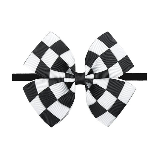 Black Hair Bows for Girls Racing Checkered Baby Bow Checkered Flag White Bow Elastic Nylon Headband for Infant Toddler Newborn Hair Accessories Gift