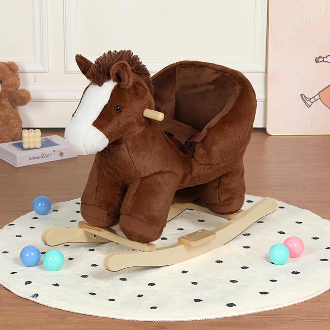 Baby Rocking Horse, Baby Rocking Chair for Toddlers 1-3 Years, Soft Plush Wooden Ride-on Toy with Sound Rocking Animal for Baby Boys and Girls Child Birthday Gift, CPC&CE Certified (Brown-002)