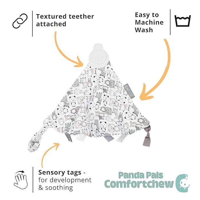 Cheeky Chompers Comfortchew | Baby Lovey with Silicone Teether & Sensory Tags | Soft Fleece Material, Attachable Loop, Machine Washable | (Panda Pals)