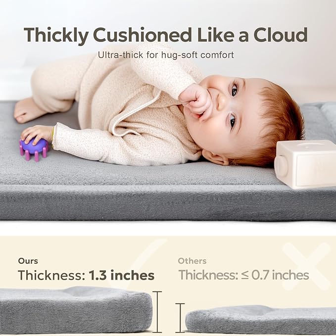 Mallify Ultra Soft 1.3" Thick Baby Play Mat for Floor, Large Velvet 50"x50" Playpen Mat, Baby-Safe & Non-Slip Tummy Time Mat, Crawling Mat for Babies, Toddlers, Infants, Kids, Easy Care,Gray