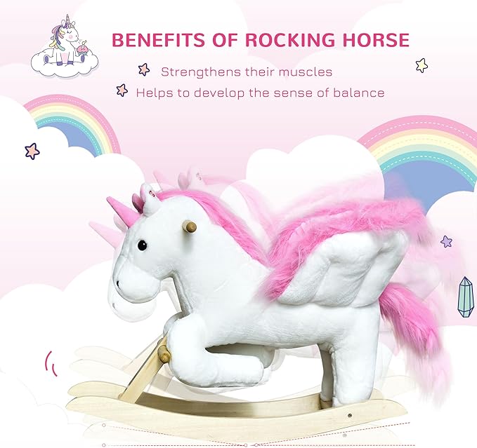 Qaba Unicorn Baby Rocking Horse Toy for Kids with Lullaby Song, Plush Ride on Horse with Heavy-Duty Support System, Interactive Toy Pretend Play Toy for Toddlers 18-36 Months