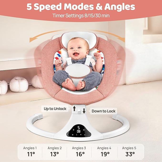 Baby Swings for Infants, Pink Infant Swing with 5 Speeds, 12 Soothing Melodies, Bluetooth & Remote Control, Portable Baby Swing for Indoor and Outdoor (Pink)