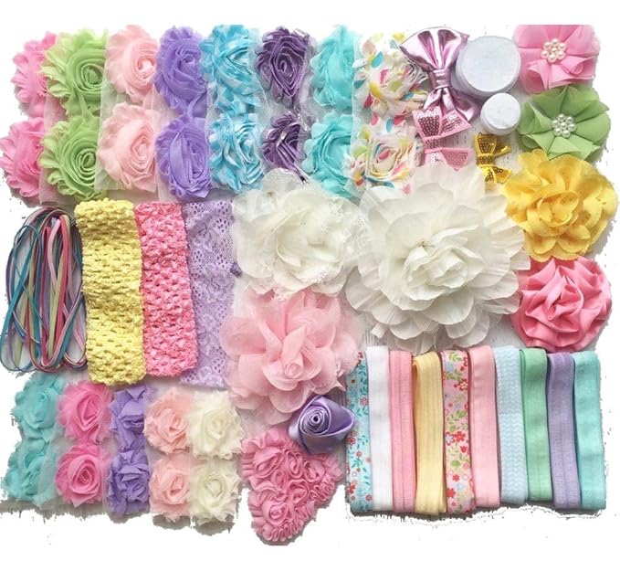 Springtime Pastels DIY Baby Shower Headband Kit - Makes 30 Headbands, Includes 35 Flowers, 15 Yards of Elastic, Felt Circles, Embellishments, Bows and More