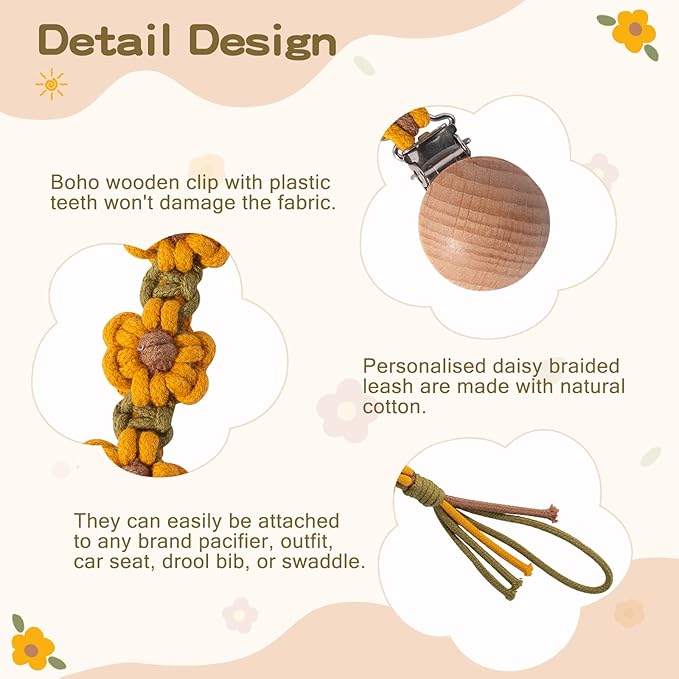 Pacifier Clip for Boys Girls Floral Daisy Macrame Paci Clip Pacifier Holder Leash Boho Wooden Clips Handmade Braided Cotton Unisex Baby Shower Birthday Gift