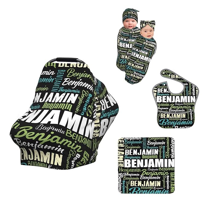 Personalized Baby Car Seat Cover for Boys Girls, Custom Monogram Nursing Covers for Breastfeeding with Name, Infant Stroller Cover, Optional Baby Bib, Baby Swaddle Set for Newborn Infant
