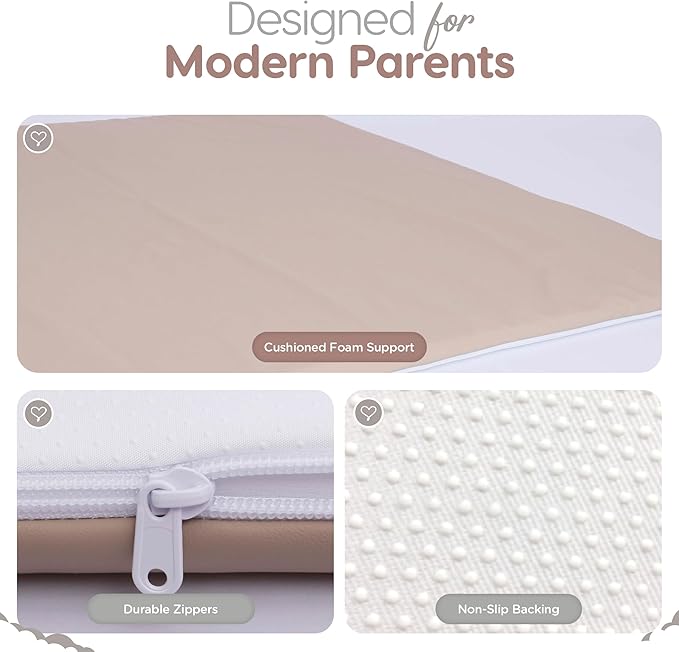 Baby Play Mat for Floor (50" x 50") Waterproof Vegan Leather - Easy to Clean w Removable Cover - Mat for Tummy Time - Padded Thick 1.5" Foam Support Non-Slip Bottom for Infant Kids and Toddler (Tan)