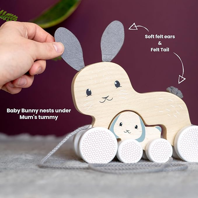 Bigjigs Toys FSC® Certified Bunny & Baby Pull Along Toy - Eco-Friendly Rabbit Pull Along with Cord & Baby Bunny Push-Along, Quality Pull Along Toys for 1 Year Olds, Wooden Baby Toys