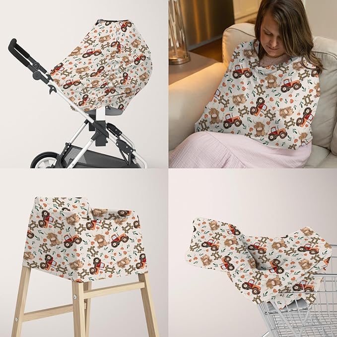 5-in-1 Unisex Farm Animals Floral Pattern Baby Carseat Stroller Cover for Boys Girls, Highland Cow Flower Tractor Infant Toddler Privacy Nursing Breastfeeding Canopy, Grocery Shopping Cart Cover-24x28
