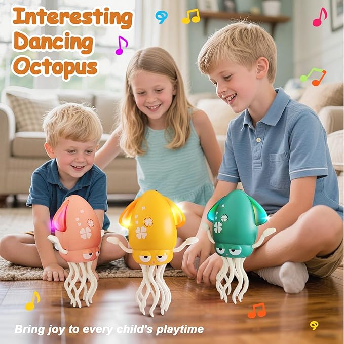 Electric Dancing Octopus Toy, Automatic Obstacle Avoidance Crawling Squid - Lights, Music, Crawling & Fishing Rod Play Fun Chase Toy for Kids Boy Girl Birthday Gifts (Yellow)