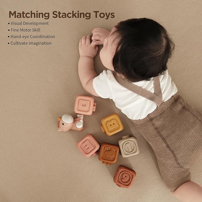 Nueplay 7 Pcs Soft Toy Building Blocks for Baby Girls 6-12 Months, Montessori Early Learning Squeeze Blocks with Unicorn Sensory Stacking Design, Birthday Gift for Toddlers 1-3