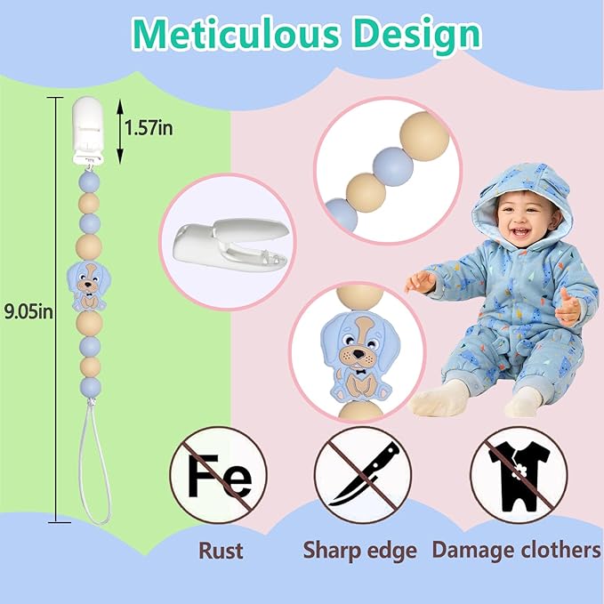 Baby Pacifier Clip Holder Animal for Baby Boys and Girls,Binky Clips with One-piece Design for Baby Shower -2 Packs（Doggy）