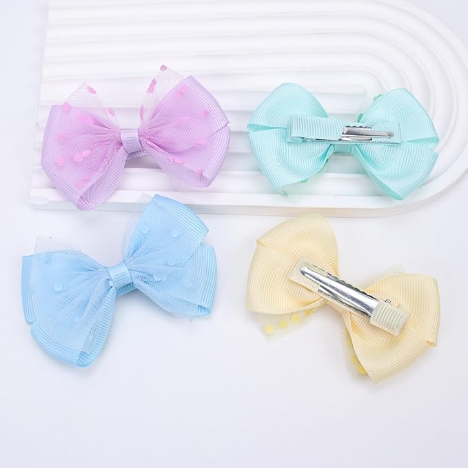 Tiny 3 Inch Dot Organza Double Hair Bow Clips - Cute Lined Boutique Alligator Hairpin for Girls, Toddlers, and Little Teens - Kids Barrettes Set of 2 Small Stylish (Green)