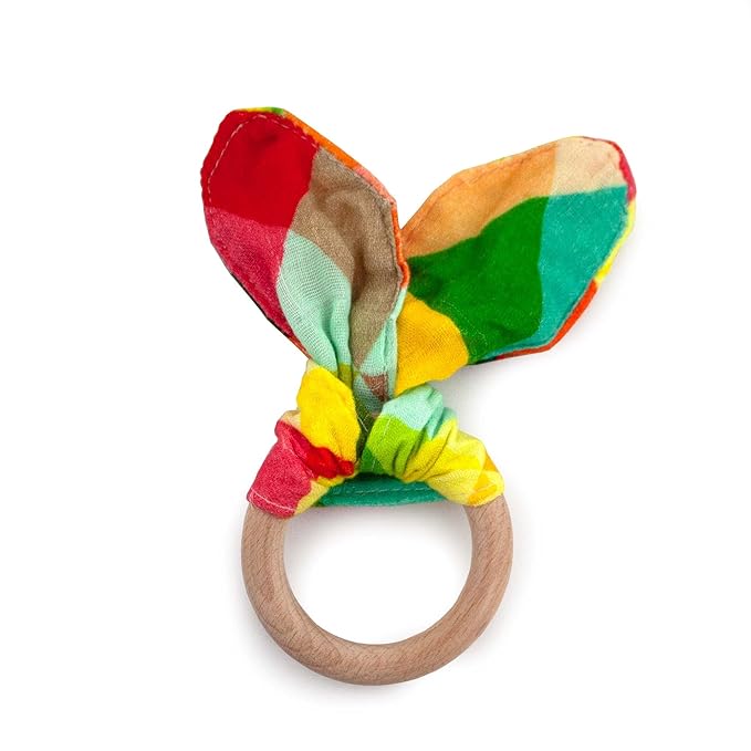 Kanga Care Baby Soft Muslin Sensory Crinkle Bunny Ear Wood Teething Ring - Finn Geometric