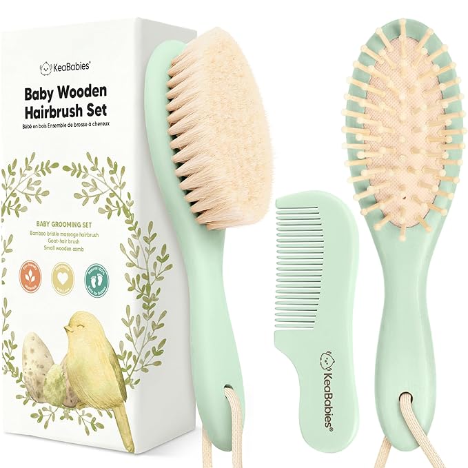 Baby Hair Brush Set for Newborns - Soft Goat Bristle Wooden Baby Brush and Comb Set Newborn Grooming Kit for Cradle Cap, Durable & Gentle, Boy, Girl Infant Essentials Care Kit (Regular, Sage)