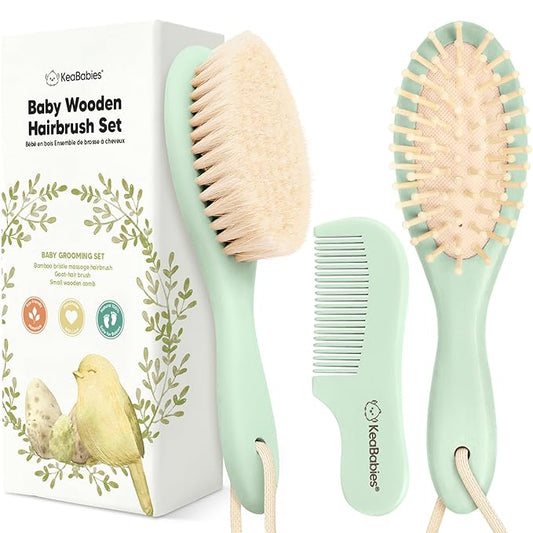 Baby Hair Brush Set for Newborns - Soft Goat Bristle Wooden Baby Brush and Comb Set Newborn Grooming Kit for Cradle Cap, Durable & Gentle, Boy, Girl Infant Essentials Care Kit (Regular, Sage)