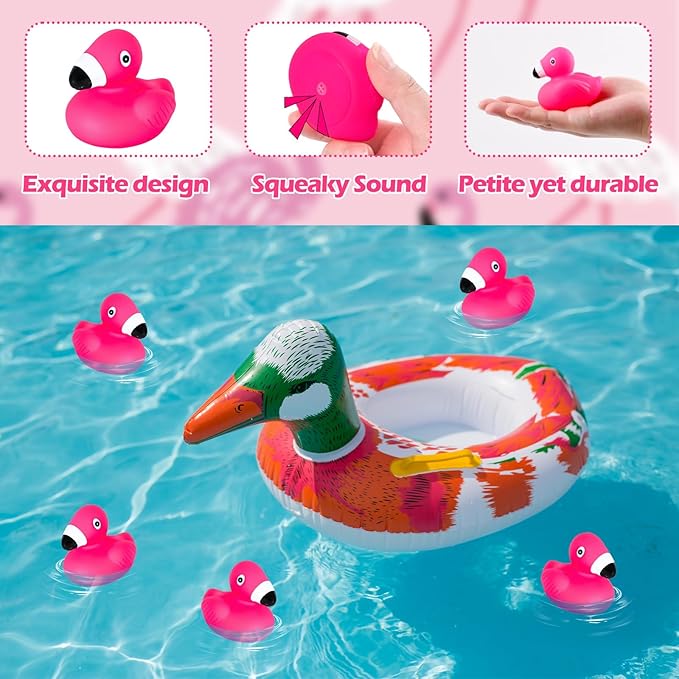 120PCS Adorable Flamingo Rubber Ducks Bulk Pink Floating Squeaky Bath Toys Perfect for Baby Showers, Birthday Parties, Cake Toppers, Pool Party Favors and Classroom Prizes(120)