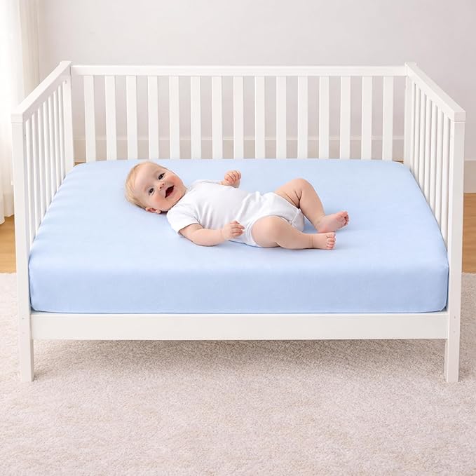 OrOrganicTextiles Organic Cotton Fitted Sheets for Newborn Baby Mattress, Sky Blue, 350 Thread Count, Playard Crib Size