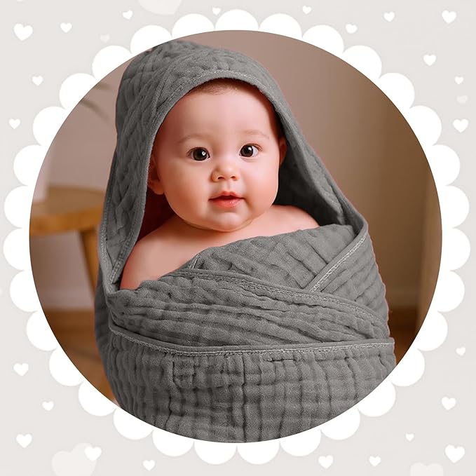 Peryiter 4 Pcs Muslin Hooded Baby Towels, 32"x 32" Cotton Newborn Bath Towel Muslin Infant Baby Blankets Absorbent Unisex Newborn Registry Gift Essentials for Girls Boys (Gray Series)