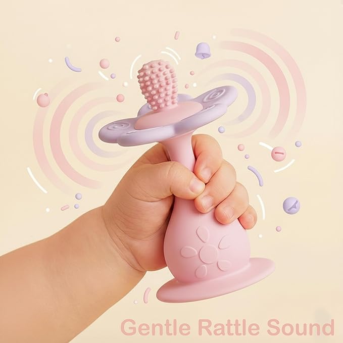 Baby Flower Teether Rattle Toy, Sensory Toy for Baby 0-24 Months, Teething Relief Chewing Toy for Infant, BPA Free Food Grade Silicone Teether (Pink)