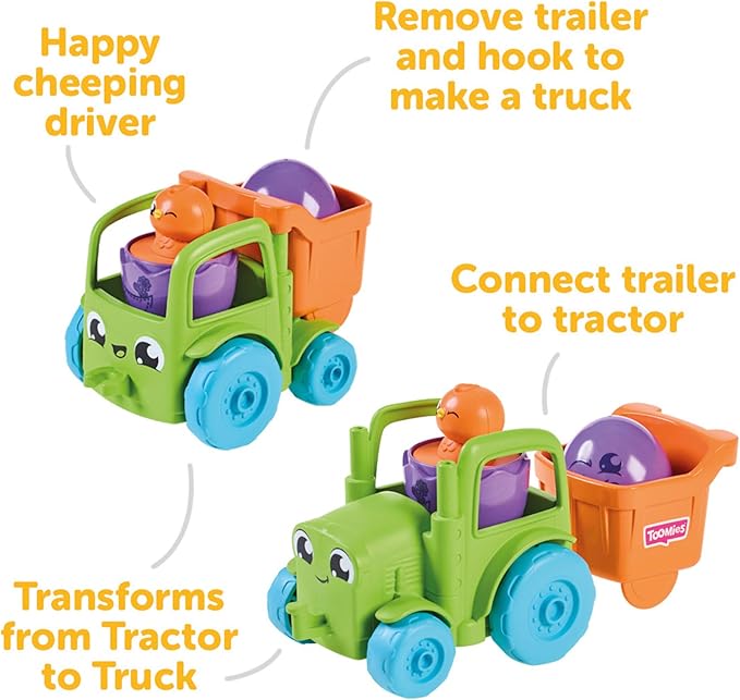Toomies E73219C Tomy Hide and Squeak 2 in 1 Transforming Tractor, Push-Along Egg Character, Educational Shape Sorter with Colours and Sound, Toy for Baby Boys & Girls Aged 1, 2 & 3 Years Old