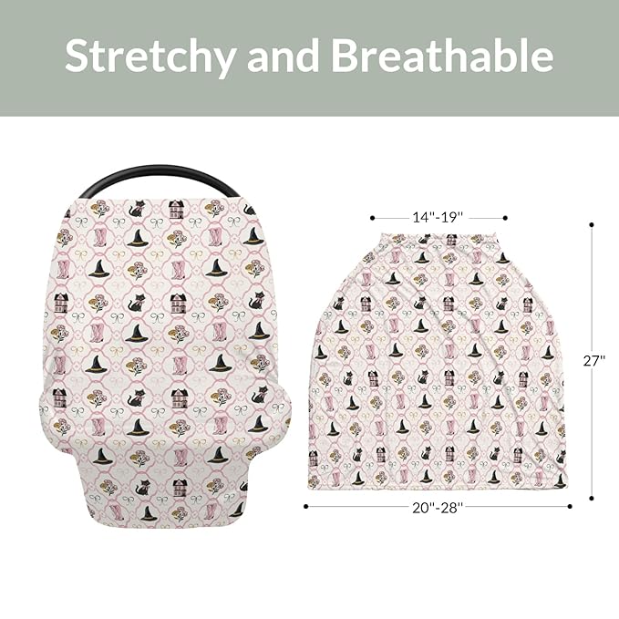 Cute Pink and Black Halloween Baby Car Seat Covers Witch Cat Castle Floral Bows Stretchy 5-in-1 Cover Adjustable Car Canopy Breastfeeding Cover Spooky Halloween Breathable Nursing Cover-Up