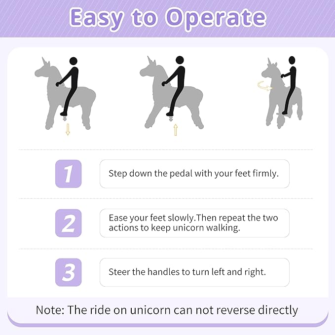 Pipleo Ride on Unicorn Toy for Kids 4 to 9 Years, Unicorn Ride on Toy, Ride on Unicorn Mechanical Plush Animal, No Battery or Electricity, Max Load 165 LBS - Purple