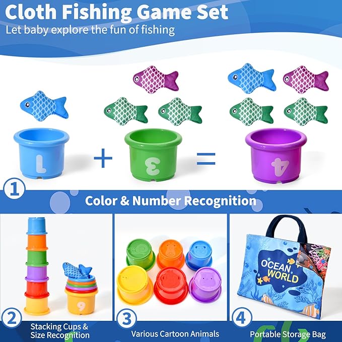 Montessori Toys for 1 Year Old - 20PCS Cloth Toddler Fishing Game with Stacking Cups,Baby Color Sorting Toy 12-18 Months One Year Old Birthday Gift,Best Easter Gifts for 1-3 Year Olds (Blue)