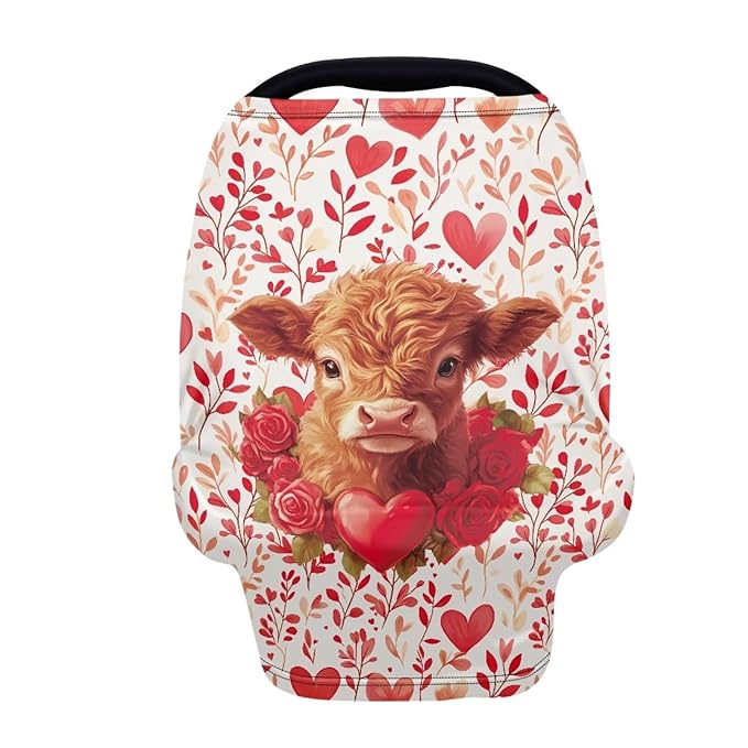 Wanyint Nursing Cover Carseat Canopy Cover Adorable Car Seat Covers for Babies Girls Boys Breathable Nursing Cover for Boys Girls for Valentine's Day Decor, Highland Cow Heart Leaf