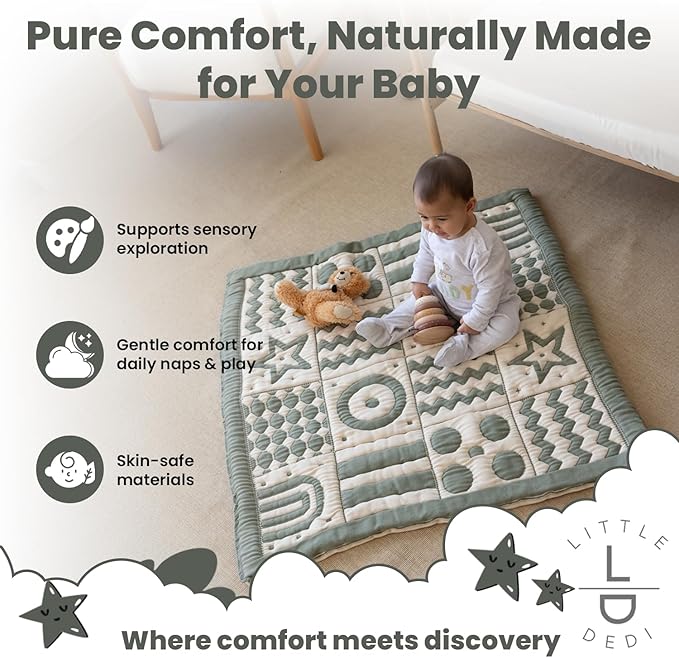 3D Soft Organic Cotton Crawling Blanket – GOTS Certified, 40x40 in Montessori Design for Motor Skill Development, Reversible, No Loose Threads – Washable & Sustainable