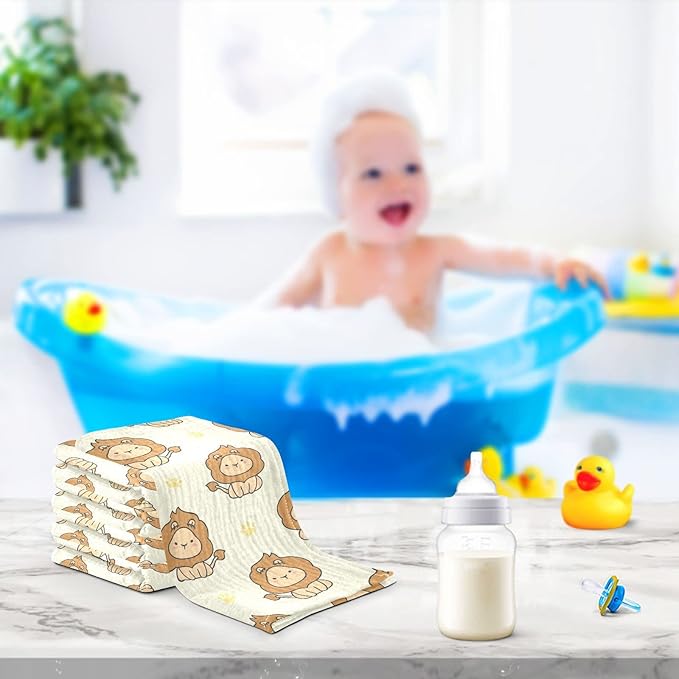 vvfelixl Baby Washcloths Cotton Cute Lion Baby Muslin Washcloths Soft Baby Face Towel for Newborn Infants Baby Wipes, 11.8 X 11.8 Inch, 5 Pack Yellow