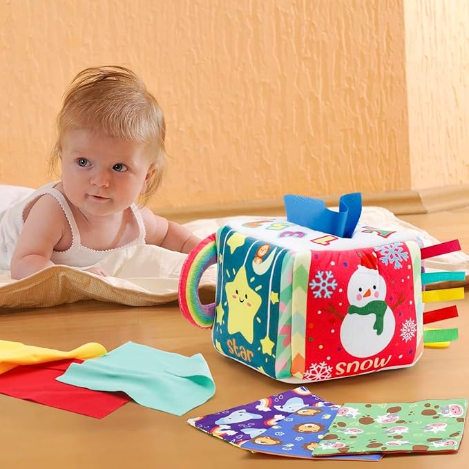 Tissue Box Toy for Baby, Montessori Sensory Pull Toy with 12 Durable Cloth Scarves & Crinkle Paper for 6-12 Months Infants, Early Learning Educational Motor Skills Development Gift