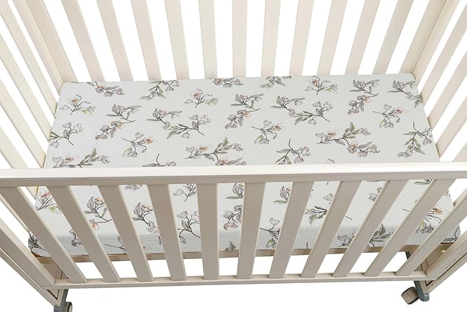 Onacosht Muslin Mini Crib Sheets, 39" x 27" Pack and Play Mattress Sheets Fitted for Pack N Play, Soft Cotton for Boys Girls, 2 Pack, Leaf and Yellowish Green