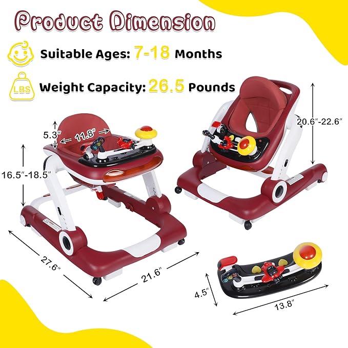 TODEFULL 6 in 1 Baby Walker, Baby Activity Walker for Toddler, Push Walker w/Adjustable Height Speed, Learning-Seated & Walk-Behind, Infant Walker w/Feeding Tray & Music Toys, Red