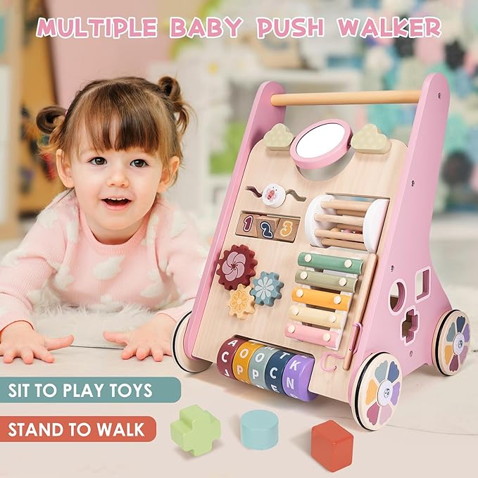 Wooden Baby Walker with Wheels, Adjustable Speed Baby Push Walker, Montessori Walking Toys for Girls Boys, Push and Pull Learning with Baby Activity Center, Christmas Birthday Gifts for Toddler