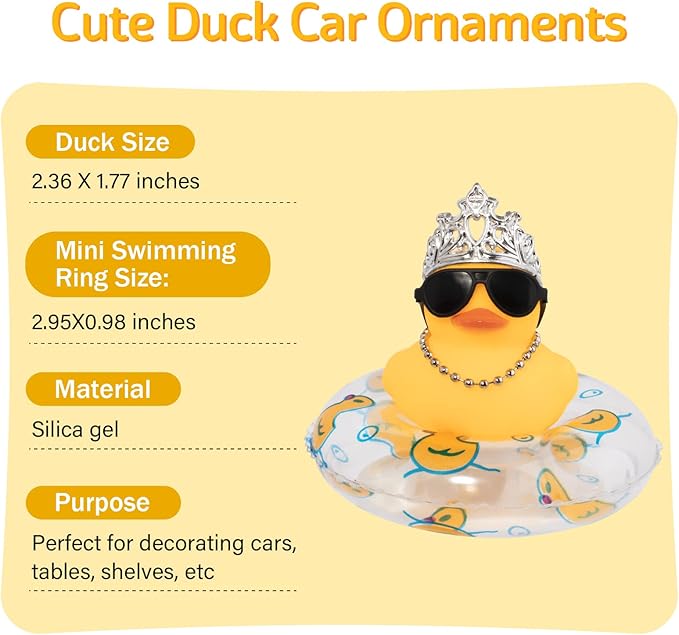 wonuu Car Duck Rubber Duck Car Ornaments Duck Car Dashboard Decorations with Cute Headband Swim Ring Necklace Sunglasses, C-Male Crown&Chain