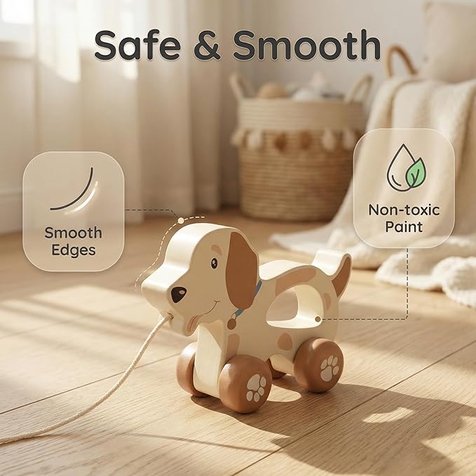Baby Toys Car,Wooden Pull Along Toddler Toy, Developmental Toy for 1 Year Old Girl Boy Birthday Gift (Cute Dog)
