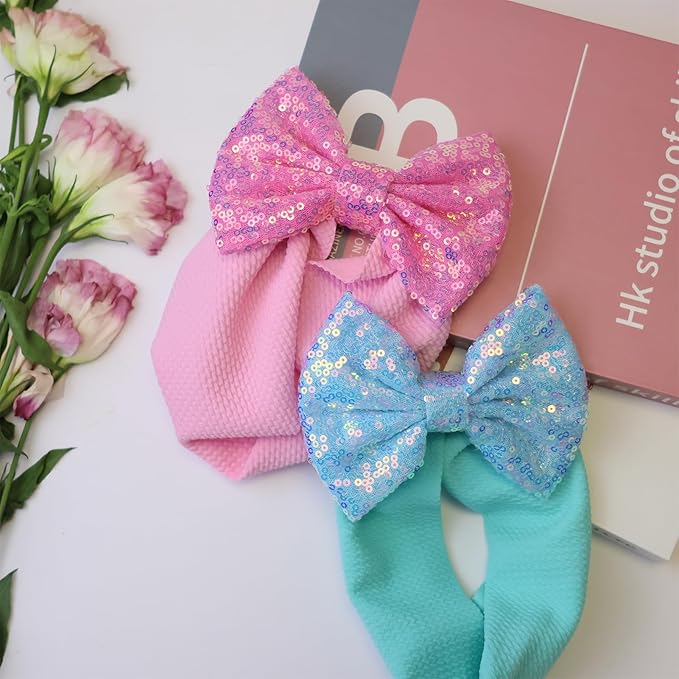 7'' Sequin Baby Headbands, Pink Big Bows for Baby Girls - Soft Stretchy Newborn Bows, Infant to Toddler Hair Accessories, 0-6Months Blue Light Pink