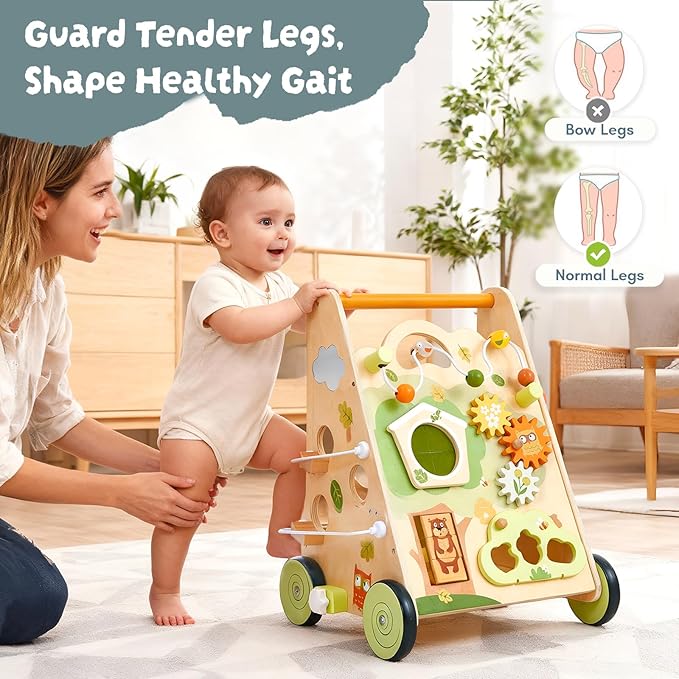 10-in-1 Wooden Baby Walker with Activity Center, Forest Montessori Push Toy for Toddlers 1–3, Bead Maze, Shape Sorter, Gears, Puzzles Fine-Motor Learning, Speed Adjustable Wood Walker for First Steps
