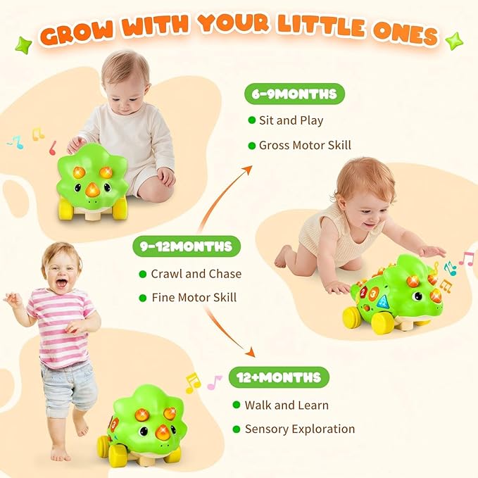 Musical Dinosaur Toys for Baby, Toddler Crawling Toys with Light & Sound, Educational Toy Birthday Gift for Infant 1 2 Year Old Boys Girls