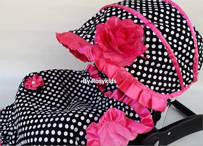 Rosy Kids Infant Carseat Canopy Cover 4pc Whole Caboodle, Baby Car Seat Cover Baby Blanket Outdoor Kit, Black Ground Polka Dot Hot Pink