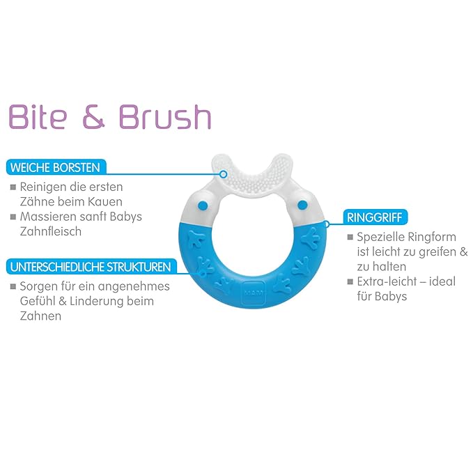 MAM Bite & Brush Teether Baby Teething Aid Soothes Gums, Supports Dental Care with Extra Soft Bristles, from 3+ Months, Turquoise, Pack of 1